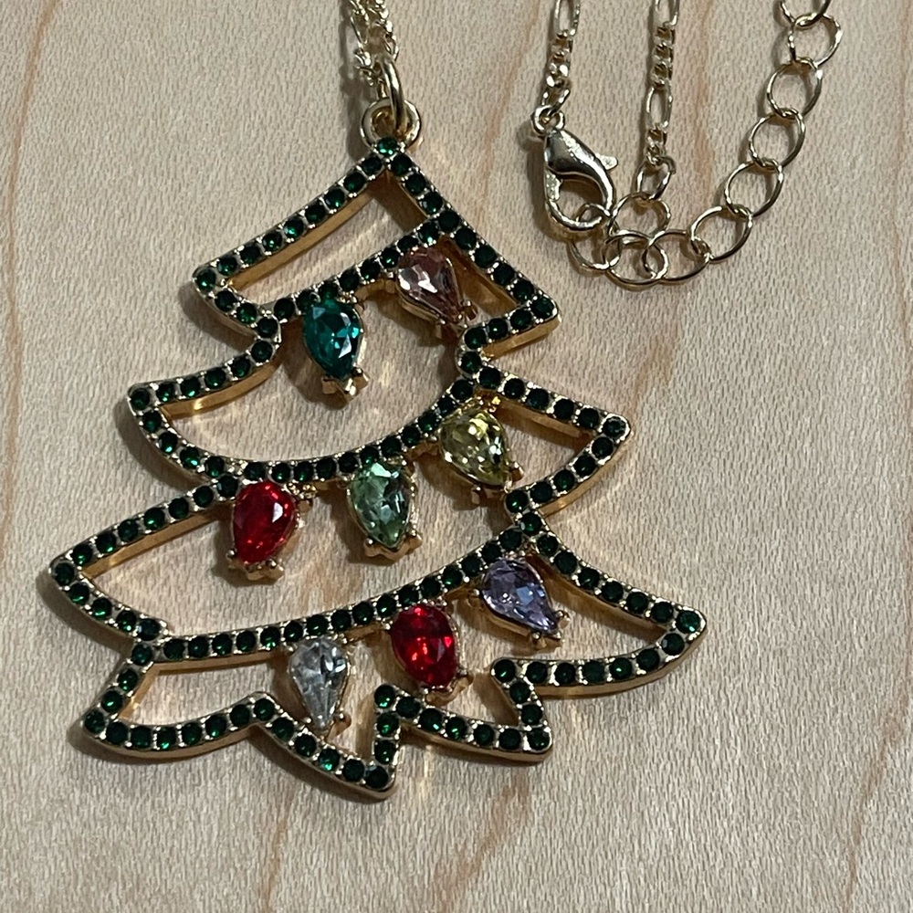 Christmas Tree Rhinestones Pendant Gold And Green Color Necklace New